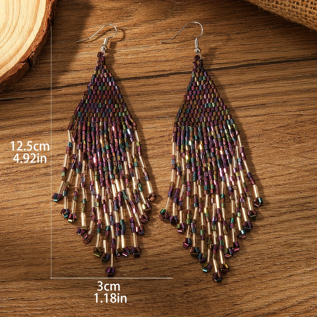 Women's Colorful Purple Tassel Beaded Earrings, Bohemian Style
